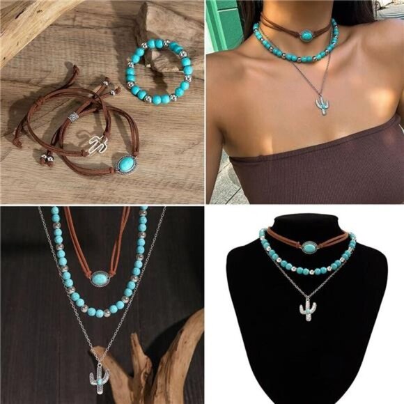 16 Pcs Western Jewelry for Women Bohemian Set, Boho Pendant Faux Turquoise - Picture 2 of 8
